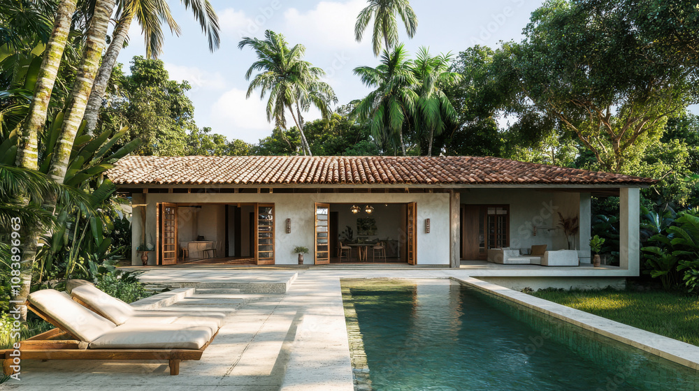 Fototapeta premium Modern tropical villa with a serene pool surrounded by lush greenery in a peaceful garden setting during a sunny day
