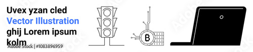 Traffic light with three signals, Bitcoin processing graph, and black laptop. Ideal for cryptocurrency, technology, investment, finance, traffic control, web design, online presentations. Landing