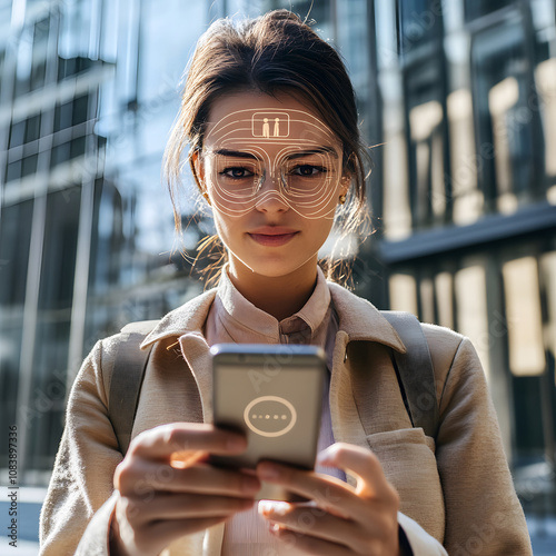 A woman uses a smartphone outdoors, with digital patterns projected onto her face, symbolizing technology and innovation in a modern urban setting.