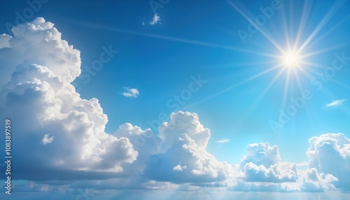 Bright blue sky filled with puffy white clouds. Sunlight shines brightly through gaps in clouds. Beautiful nature scene. Perfect day. Clear weather. Good weather conditions. Dramatic sky. Sunny day.