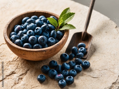 Fresh blueberries in a wooden bowl with a small shovel on a textured surface inviting a healthy and elegant eating experience. photo