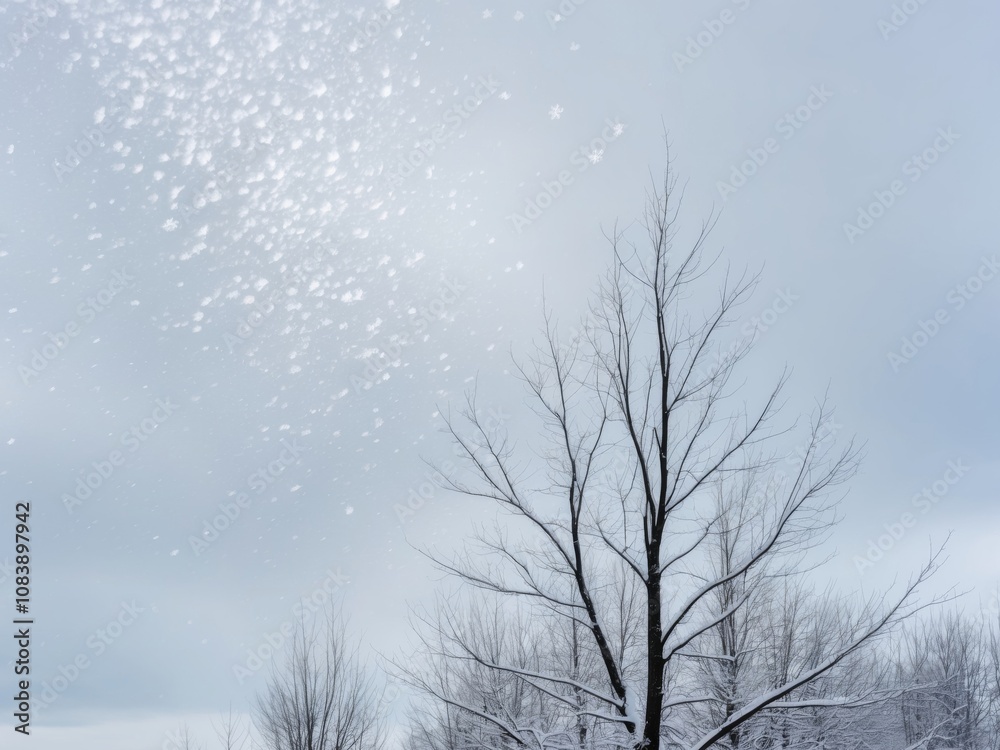 Obraz premium Delicate Snowfall on Snowy Tree Branches in Serene Winter Landscape.