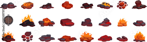 Burning coal icons set. Hot, glowing coal embers provide heat for barbecue cooking, creating a fiery ambiance for outdoor grilling