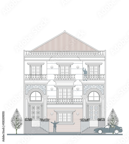 Facade of 3 storeys symmetrical modern classic house with 2 doors, 7 windows, long balustrade, frame, 4 columns, decoration, canopy, crowns, balcony, curve wall elements and triangular roof. photo