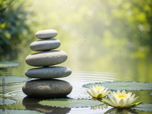 Stacked Stones and Water Lilies in a Tranquil Pond.