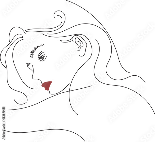 女, ファッション, 女性, ロング, 横顔, 髪の毛, 顔, 美しさ, ベクター, 花, イラスト, デザイン, モデル, 人, 淑女, マダム, 人物, グラフィック, 考える, 目, 線画, シンプル, 美しい, 口紅, 唇, 化粧, ルージュ, パーマ、カール、ロング
