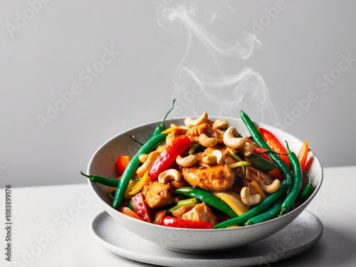 bowl of stir fried chicken with cashew nuts colorful vegetables including red peppers green beans vertical format. photo