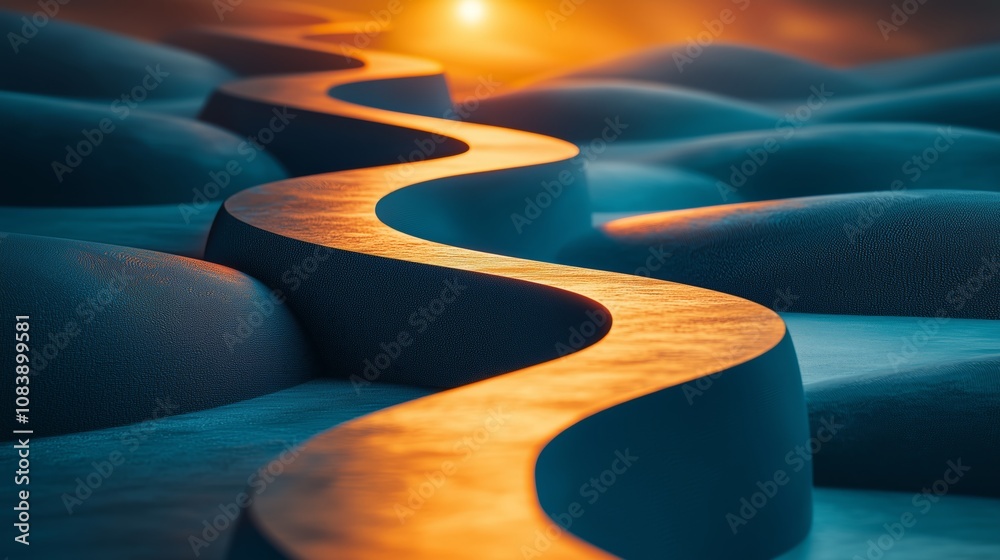 Obraz premium Serene Winding River Amidst Undulating Terrain Captured at Sunset, Highlighting Natural Beauty and Tranquil Landscape in Stunning Light and Color