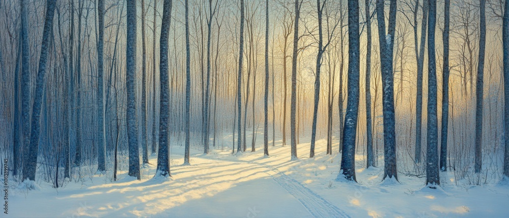 Fototapeta premium serene winter forest landscape with snow-covered ground and soft sunlight filtering through trees