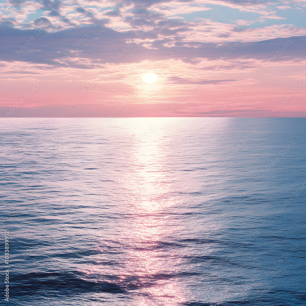 Obraz premium sunset over calm ocean waters with pink and blue hues, reflecting serenity and natural beauty, ideal for peaceful wallpapers, meditation, and coastal photography themes