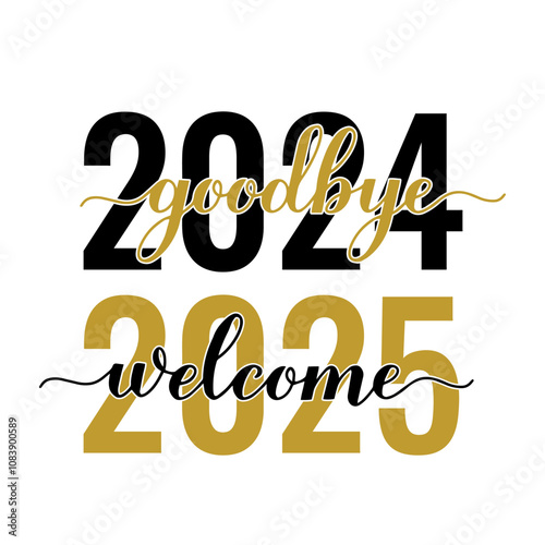 Goodbye 2024 Welcome 2025 handwritten with brush. Calligraphy lettering for New Year isolated on white. Holidays typography poster. Vector template for banner, sign, greeting card, invitation, etc.