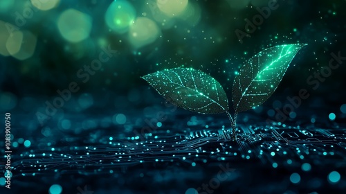 Digital Concept of Green Technology and Sustainable Growth with Glowing Leaves Emerging from a Network of Data Circuits Against a Soft Background of Green Bokeh Lights photo