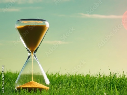 A glass hourglass with sand in it is shown in a green field.