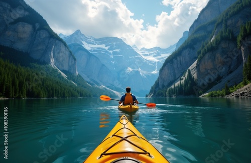 Man kayaks on mountain lake. Calm water reflects sky, mountains. Rich trees line shoreline. Kayaker paddles in dramatic scenery. Scenic outdoor activity. Perfect summer day. Peaceful nature escape.