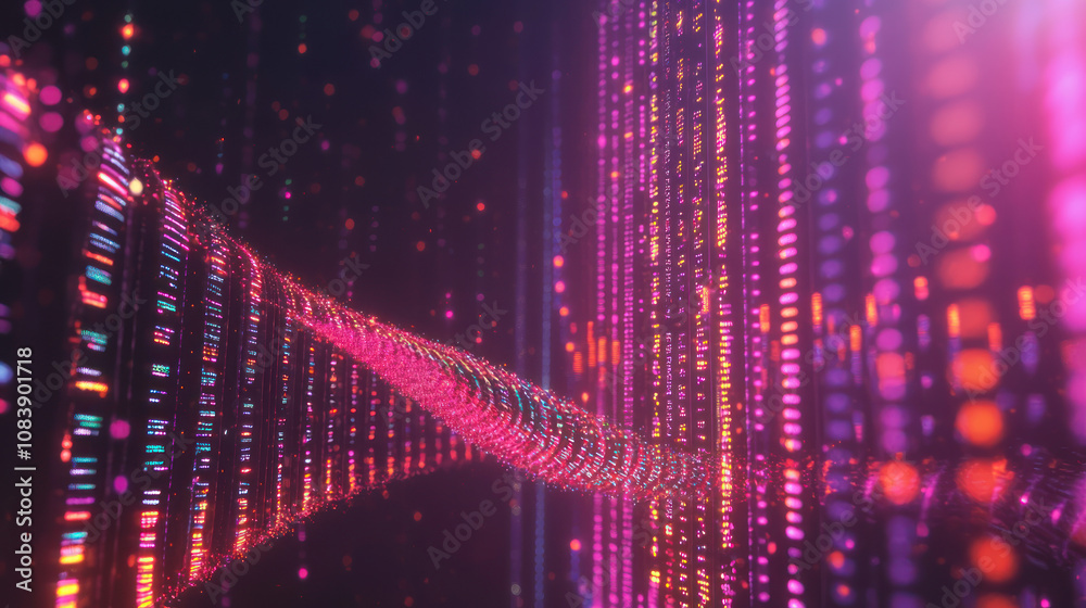 Obraz premium Vibrant Digital Visualization of DNA Sequence with Binary Codes Integrated into a Colorful Abstract Background Representing Modern Genetic Research and Data Analysis