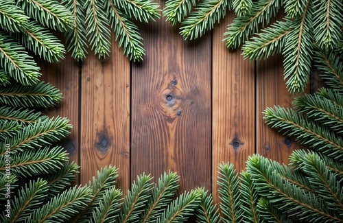 Spruce branches decorate wooden background. Rustic wooden planks form backdrop. Branches create festive frame. Christmas holiday theme. Natural green needles contrast with warm tones of wood. Simple, photo