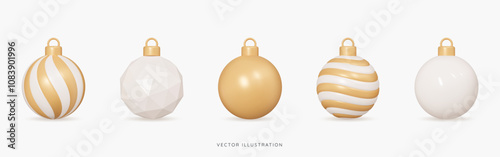 3D Golden and Beige Christmas balls icon set. New Year baubles for pine tree. Glossy xmas toys. Holiday celebration decoration elements. Cartoon creative design icons isolated. 3D Vector Illustration
