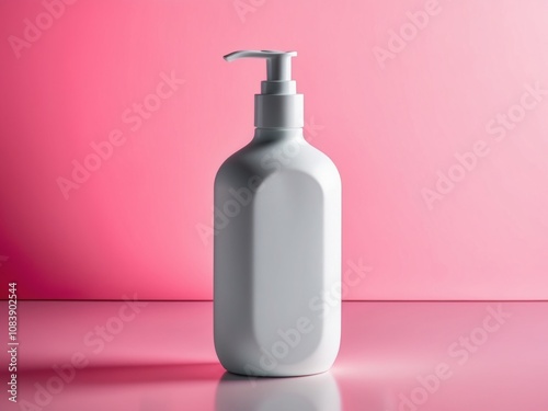 A white plastic bottle with a pump on a pink background.