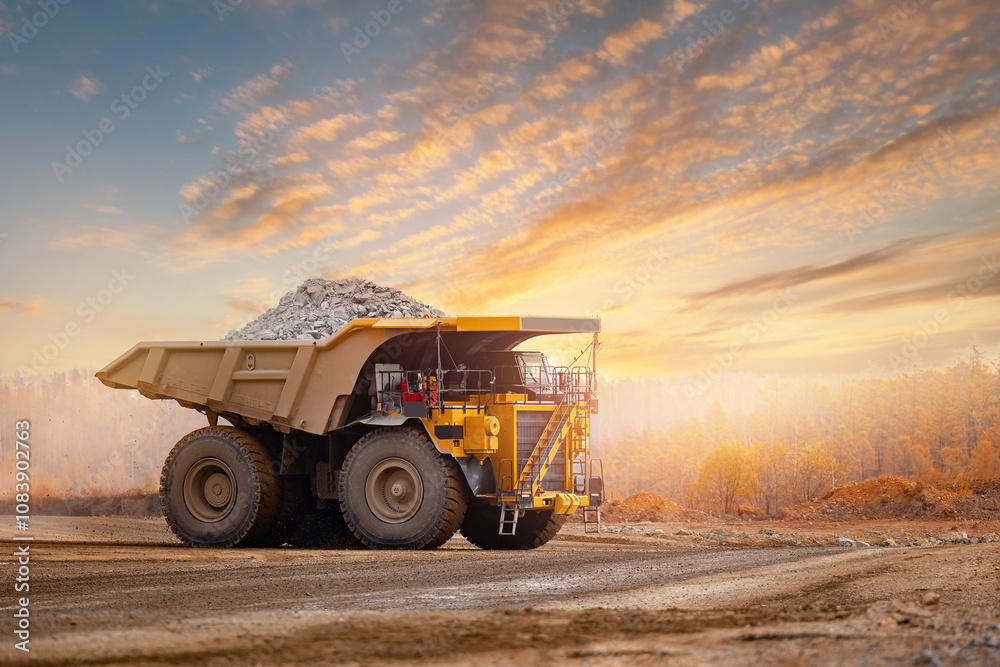 Obraz premium Big yellow dump truck loaded with ore rocks at sunset in industrial quarry.