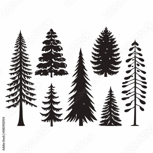 Silhouettes of Pine and Spruce Trees, Christmas Tree Silhouette - Pine and Spruce in Black and White Minimalist Design,