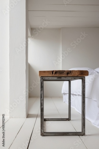 Industrial style side table decorating loft style bedroom with rustic wood and metal finish.