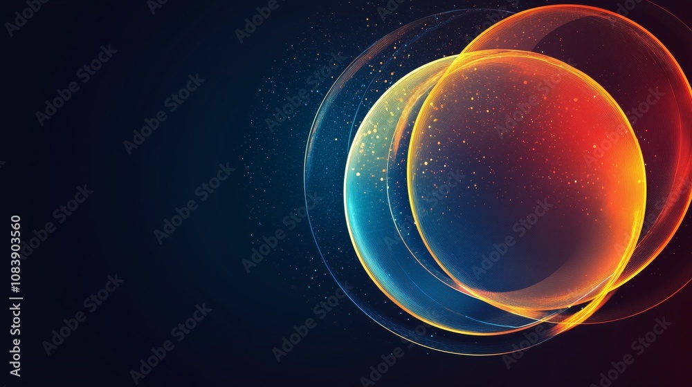 Fototapeta premium Abstract luminous spheres with dynamic colors and glowing effects on a dark background showcasing a blend of orange, blue, and purple hues with light particles