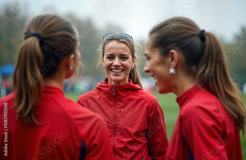 Three women in red sports jackets talking, laughing outdoors. Appear happy, friendly. Likely team members, possibly coaches. Setting sports field. Seems to casual moment before after sports practice. photo