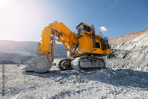 Massive Yellow Excavator at Work in Quarry Under Bright Sunlight photo