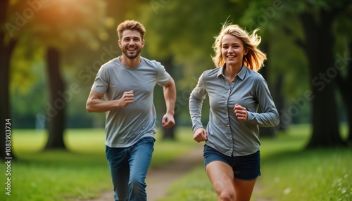 Happy mid-age couple jogging in park morning. Active lifestyle. Healthy living. Couple exercises together. Enjoyable outdoor activity. Inspiring image.