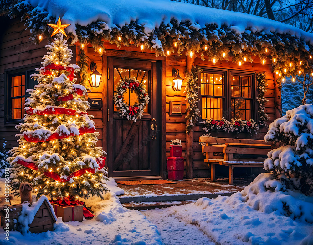 Fototapeta premium A house with a Christmas tree and lights on the roof