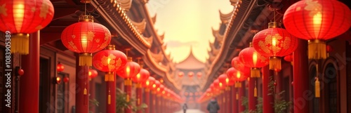 Red lanterns hang in row along covered walkway. Traditional Asian architecture surrounds lanterns. Celebration festival atmosphere apparent. Festive holiday like Chinese New Year Lunar New Year photo