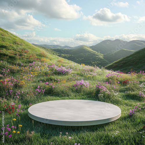 A white circular stage amidst a field of colorful flowers and green grass, with a blue sky and white clouds floating in the air, perfect for a product presentation backdrop.