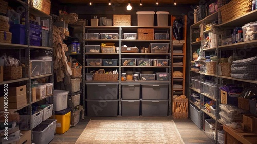 A Well-Organized Storage Room with Metal Shelving and Various Storage Bins