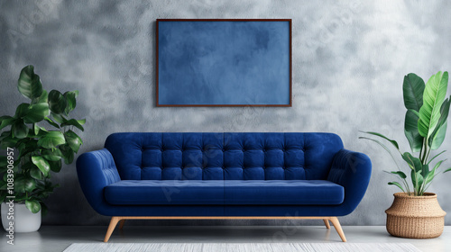 Blue Velvet Comfort: A contemporary living room with a plush blue velvet sofa, a framed blue abstract painting, and potted plants adds a touch of tranquility and sophistication to the space.  
