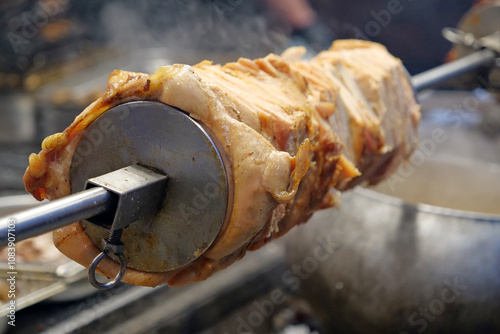 Shish kebabs broils in barbecue. Meat are cooked on hot coals in chargrill photo