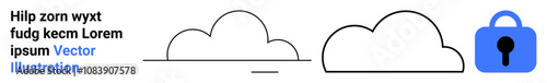 Two simple black cloud icons and a blue lock conveying cloud storage security. Ideal for technology, data protection, online services, cybersecurity, information safety, digital storage, and secure