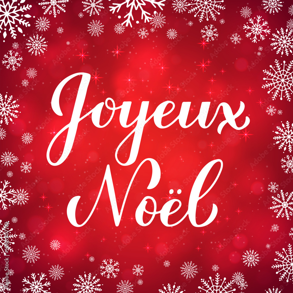 Joyeux Noel calligraphy hand lettering on red background with bokeh and snowflakes. Merry Christmas typography poster in French. Vector template for greeting card, banner, flyer, etc.