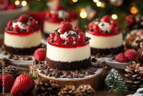 Wallpaper Mural holiday dessert buffet, mini christmas cheesecakes with chocolate and strawberry layers, on a festive table with seasonal decorations, create a delightful spread Torontodigital.ca