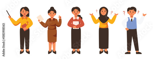 A diverse collection of teacher characters showcasing various teaching and questioning poses, designed in a modern and vibrant style for educational themes.