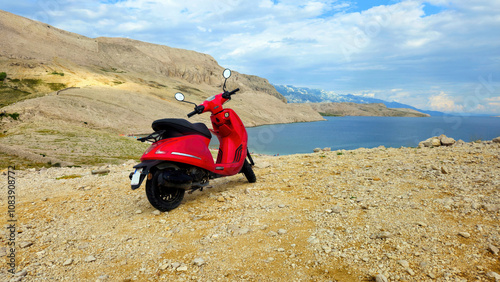 Fototapeta Naklejka Na Ścianę i Meble -  Beach Ričina Croatia Pag island red scooter 