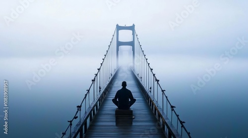 A person meditating on a bridge shrouded in mist, embodying tranquility and introspection.