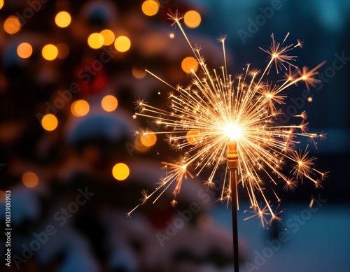 Sparkler explodes brightly at night against blurred Christmas tree lights. Festive holiday celebration. Warm golden light. Vibrant colours create beautiful background. Party atmosphere. New year