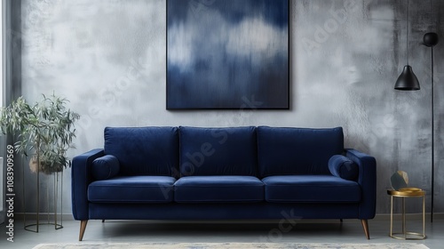 Sophisticated Living:  A contemporary living room featuring a plush navy velvet sofa placed against a backdrop of a textured grey wall.  The focal point is a large abstract painting in shades of blue.