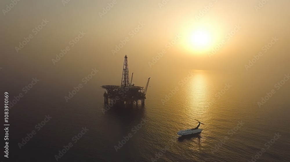 Fototapeta premium Helicopter Approaching Oil Platform at Dawn