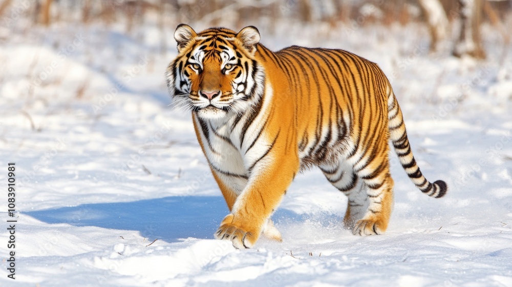 Obraz premium Siberian Tiger Elegantly Runs Across the Snow in a Stunning Winter Landscape