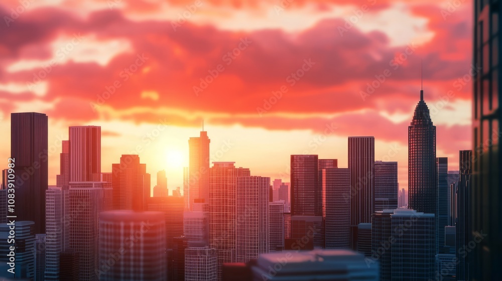 Fototapeta premium Stunning city skyline at sunset showcasing vibrant colors and modern architecture against a cloudy sky.