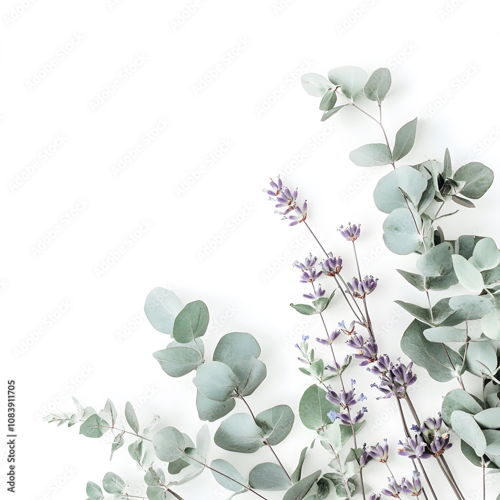 Obraz premium modern 2D doodle cartoon flower concept with open space for text, featuring whimsical floral and leafy elements on crisp white backgrounds.