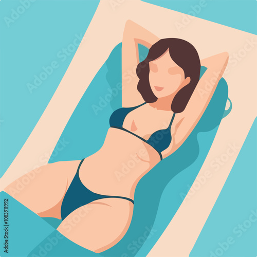 donna sdraiata a prendere  il sole al mare o in piscina in costume da bagno illustrazione stilizzata vettoriale editabile