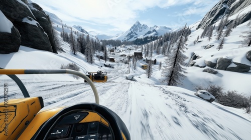 Snowmobile descending snowy mountain trail with snowy landscape and trees, village in distance, mountainous backdrop under clear sky photo