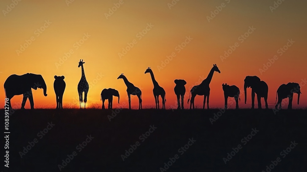Fototapeta premium A series of animal silhouettes, such as elephants and giraffes, against a backdrop of the savannah at dusk.